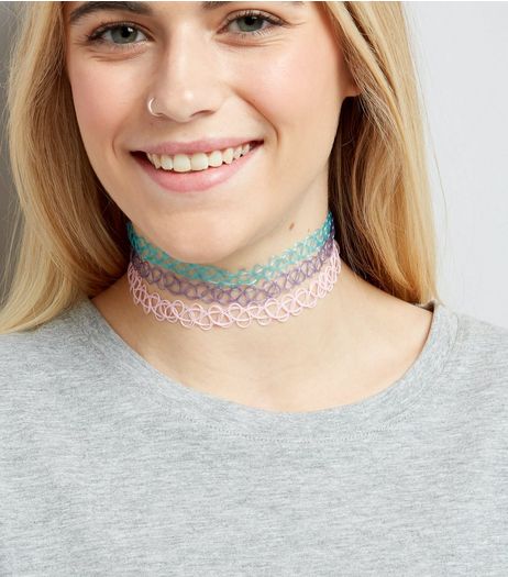 3 Pack Pink Blue and Lilac Tattoo Chokers | New Look