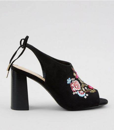 Black Floral Embroidered Heeled Mules | New Look
