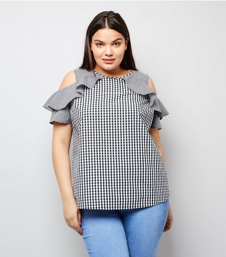 Curves Black Gingham Frill Sleeve Top | New Look