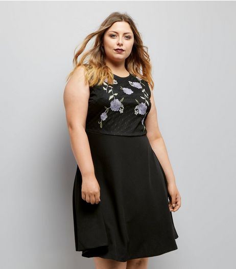Curves Black Floral Embroidered Mesh Bodice Skater Dress | New Look