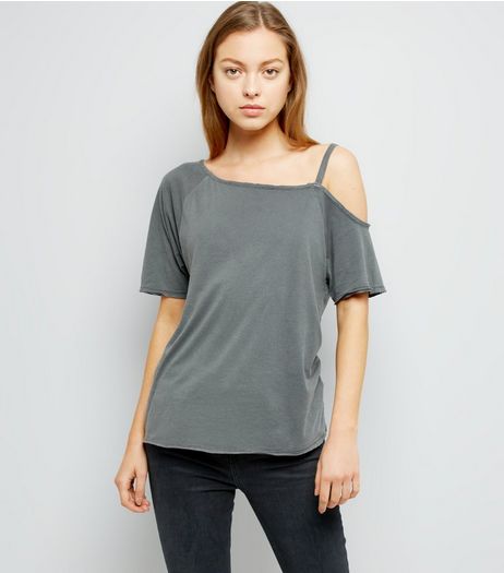 Dark Grey Asymmetric One Shoulder T-Shirt | New Look