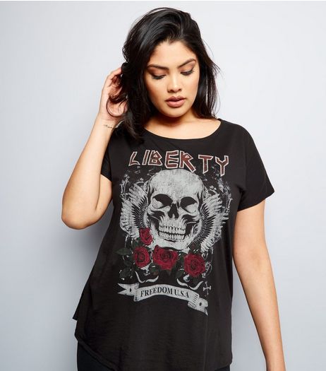 Curves Black Ripped Back Rock Band T-Shirt | New Look