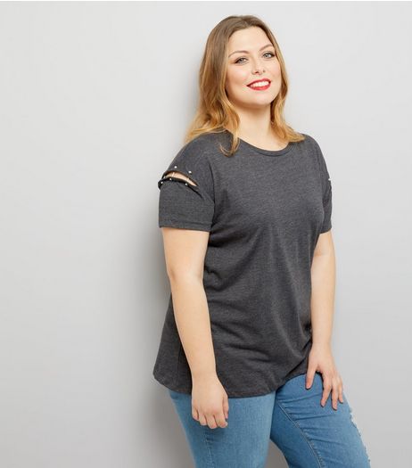 Curves Dark Grey Pierced Sleeve T-Shirt | New Look