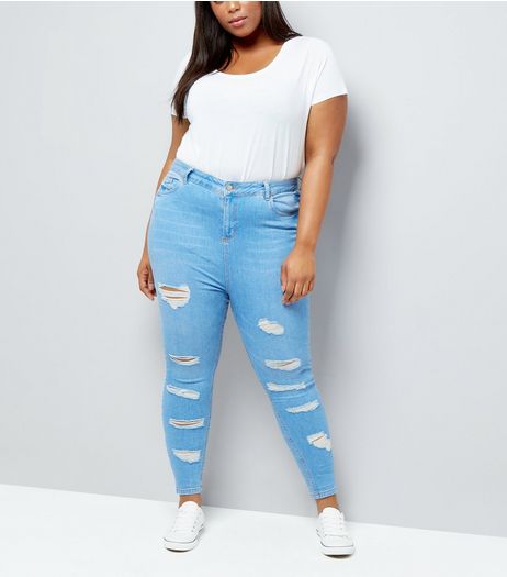 Curves Bright Blue High Waist Ripped Skinny Jeans | New Look