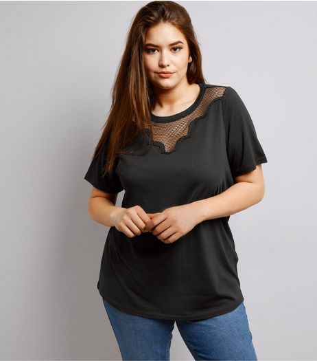 Curves Black Mesh Yoke T-Shirt | New Look