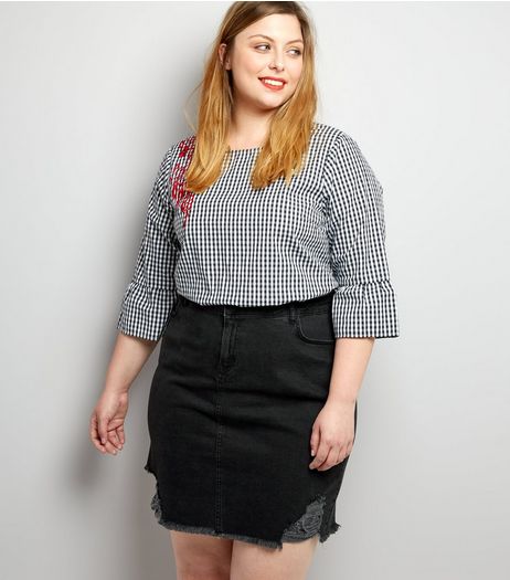 Curves Black Distressed Hem Denim Skirt | New Look