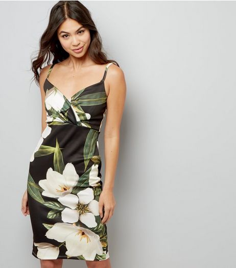 Black Floral Print V Neck Midi Dress | New Look