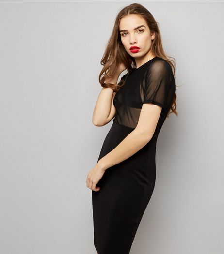 Black Mesh Panel Bodycon Dress | New Look
