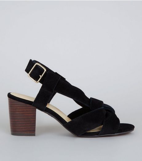 Wide Fit Black Suede Knot Front Block Heel Sandals | New Look
