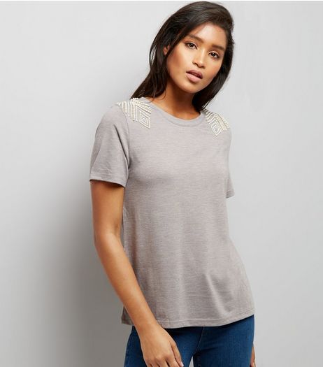 Grey Diamante Pearl Shoulder T-Shirt | New Look