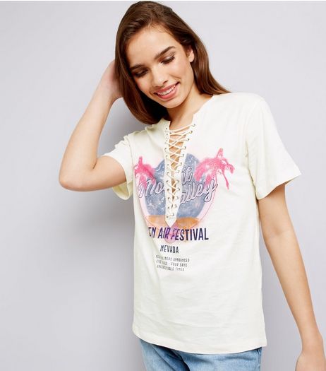 Cream Palm Tree Rock Print Lace Up T-Shirt | New Look