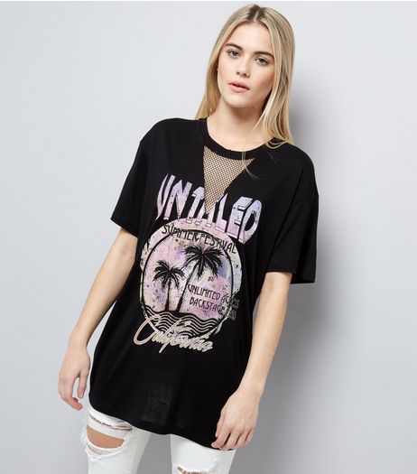 Black Mesh Panel Rock T-Shirt | New Look