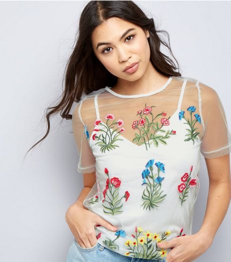 White Floral Embroidered Mesh T-Shirt | New Look