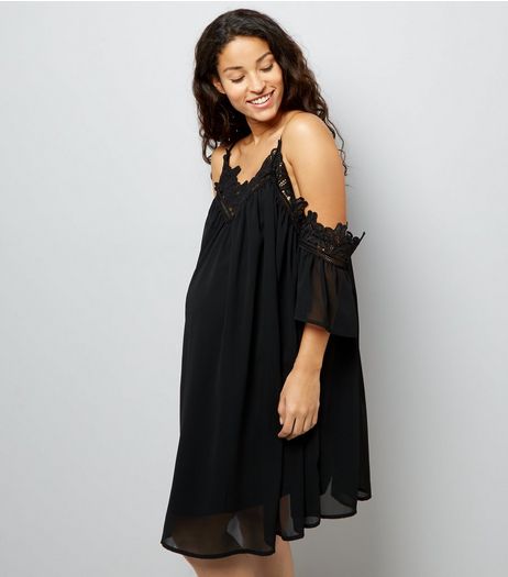 Maternity Black Lace Trim Cold Shoulder Dress | New Look