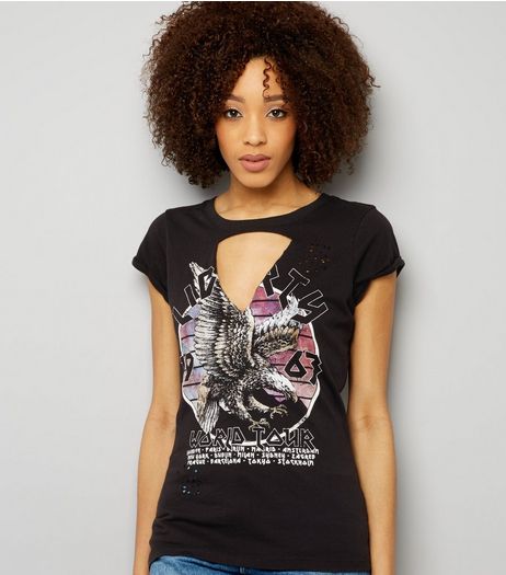 Tall Black Choker Neck Eagle Print Tour T-Shirt | New Look