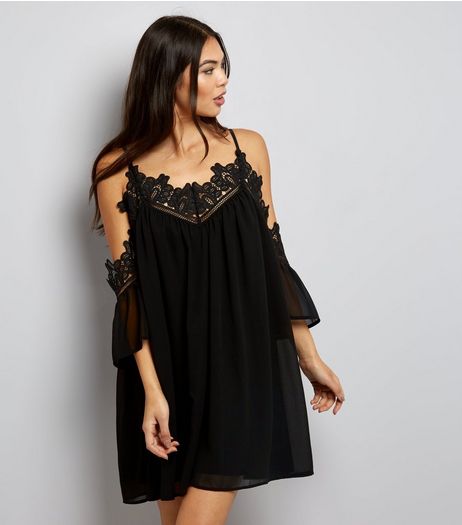Tall Black Lace Trim Cold Shoulder Dress | New Look