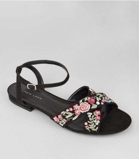 Black Suedette Floral Embroidered Cross Strap Sandals | New Look