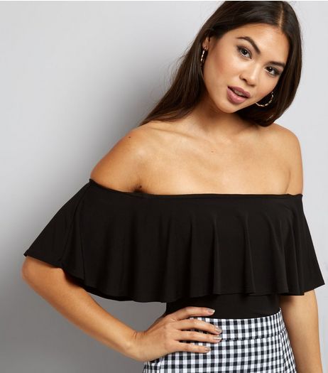 Tall Black Frill Trim Bardot Neck Bodysuit | New Look