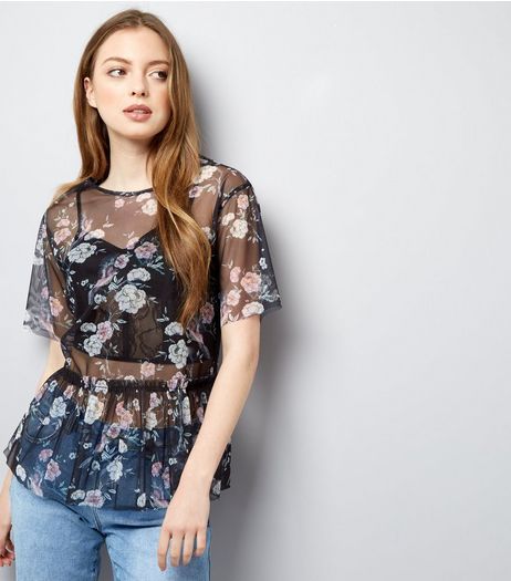 Tall Black Floral Print Mesh Peplum Hem Top | New Look
