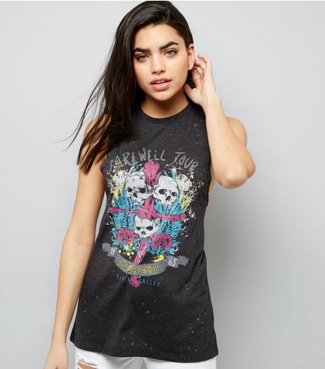 Dark Grey Ripped Farewell Tour Skull Print Tank Top | New Look
