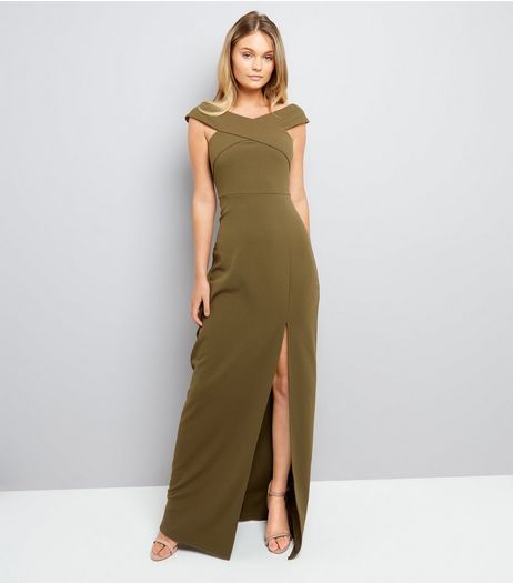 AX Paris Olive Green Bardot Neck Slip Side Maxi Dress | New Look