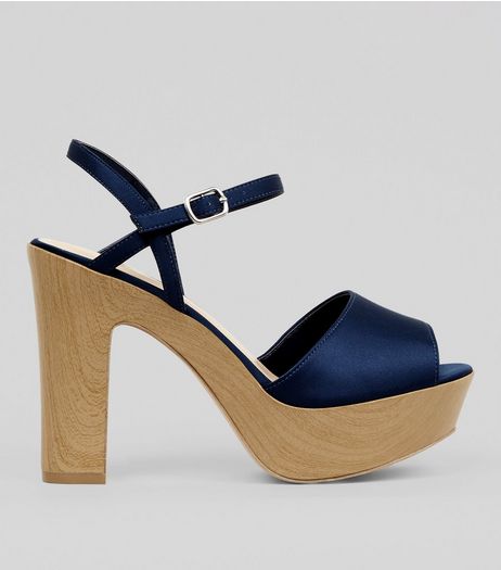 Wide Fit Navy Wooden Effect Platform Block Heels | New Look