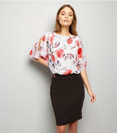 Blue Vanilla Pink Floral Chiffon Cold Shoulder 2 In 1 Dress | New Look