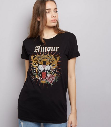 Black Amour Tiger Print Studded T-Shirt | New Look