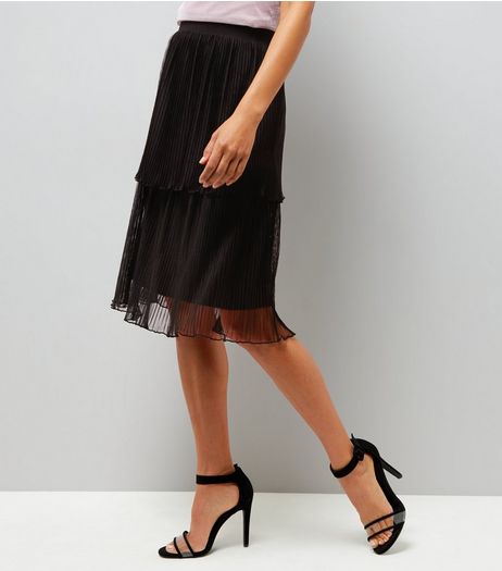 Black Layered Pleated Midi Skirt | New Look