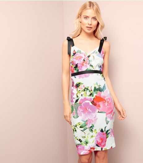 White Floral Print Ribbon Strap Bodycon Dress | New Look