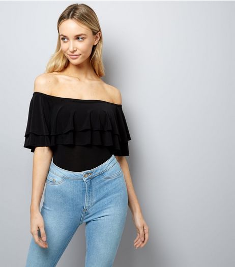 Black Layered Frill Trim Bardot Neck Bodysuit | New Look