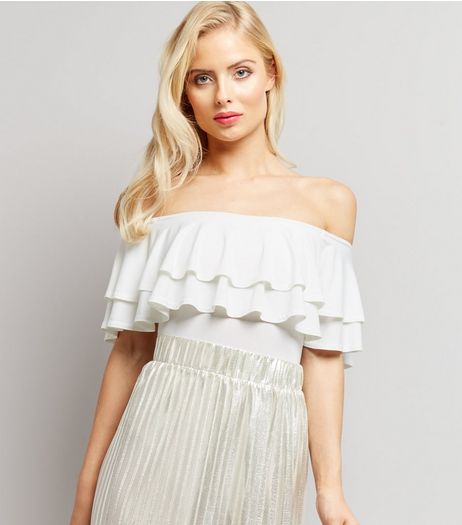 Cream Layered Frill Trim Bardot Neck Bodysuit | New Look