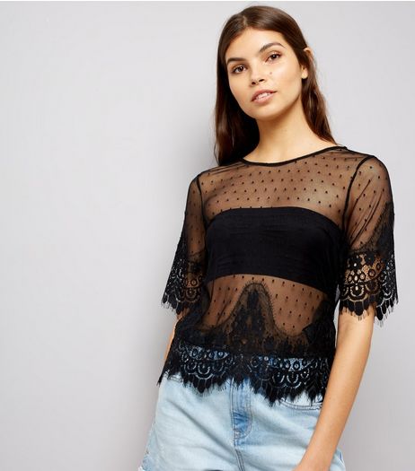Black Spot Print Mesh Lace Trim T-Shirt | New Look