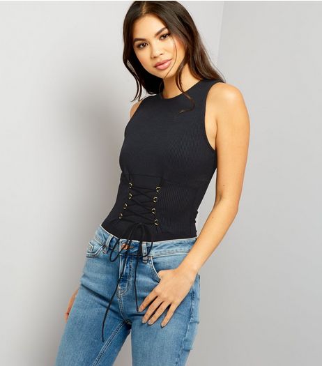 Black Lace Up Corset Bodysuit | New Look