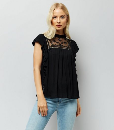 Black Lace Frill Trim Funnel Neck Blouse | New Look