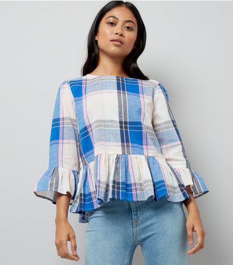 Petite White Check Frill Hem Top | New Look