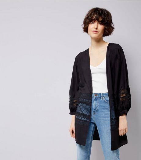 Black Lace Trim Mesh Panel Kimono | New Look