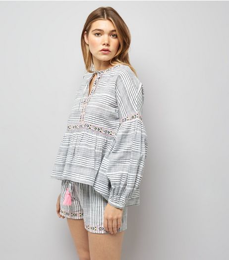 White Stripe Neon Trim Tie Neck Top | New Look