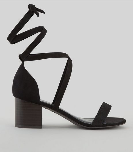 Wide Fit Black Suedette Ankle Tie Heeled Sandals | New Look