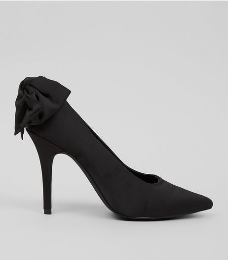 Black Satin Bow Back Pointed Court Shoes | New Look
