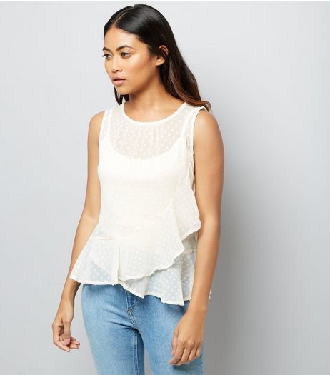 Petite Cream Spot Mesh Frill Trim Chiffon Top | New Look