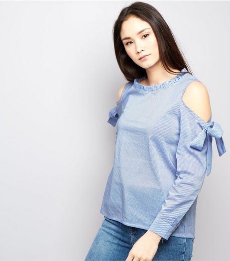 Cameo Rose Blue Tie Cold Shoulder Frill Trim Top | New Look