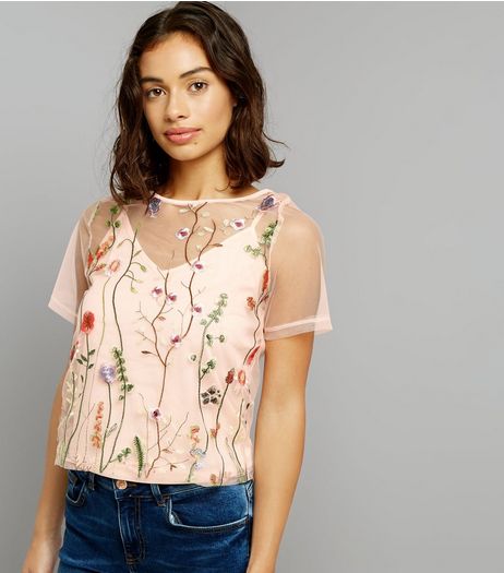 Petite Shell Pink Embroidered Mesh Top | New Look