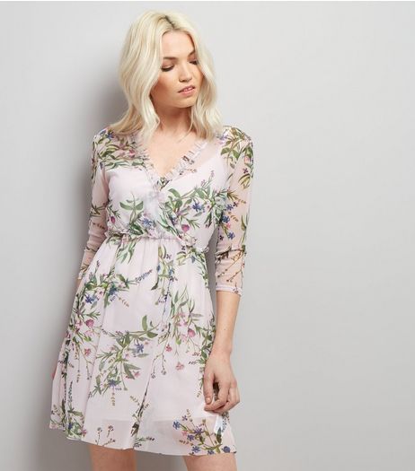 Petite Floral Print Mesh Wrap Front Dress | New Look