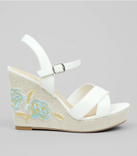 Wide Fit White Floral Embroidered Wedges | New Look