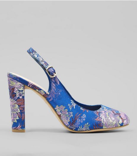 Wide Fit Blue Floral Brocade Sling Back Heels | New Look