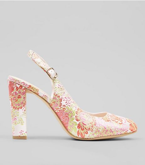 Wide Fit Pink Floral Brocade Sling Back Heels | New Look