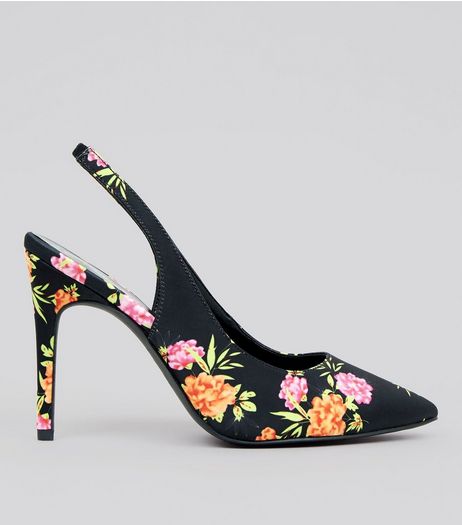 Wide Fit Black Floral Print Sling Back Heels | New Look