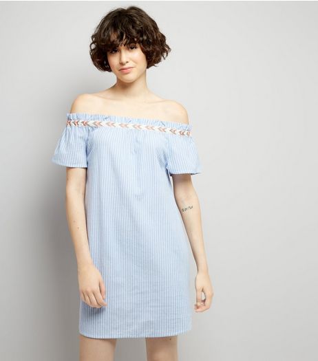 Blue Striped Embroidered Trim Cold Shoulder Dress | New Look