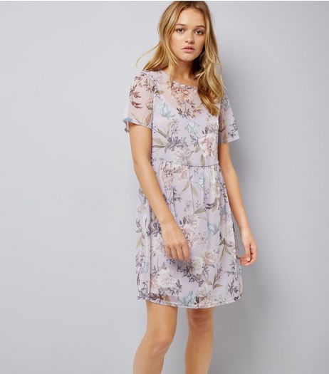 Purple Floral Print Mesh Smock Dress | New Look